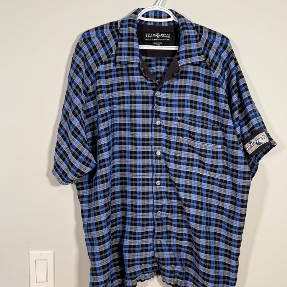 💠 Pelle Pelle Marc Buchanan Shirt Men's XL Blue Plaid Short Sleeve Vintage Style